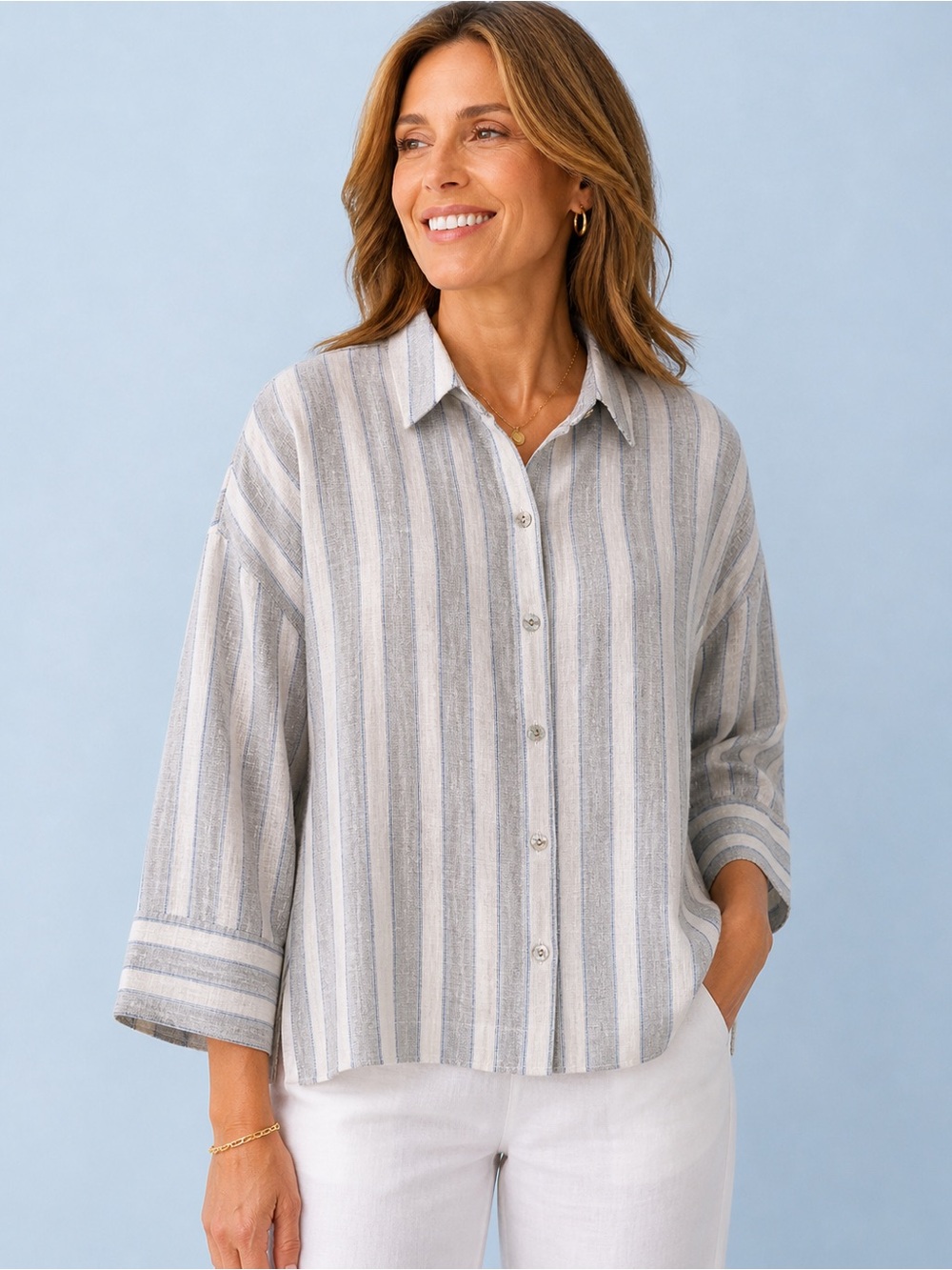 Jones New York Linen  Boxy Gray, White  and Blue Button Front  Shirt Size M